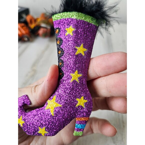 Pier 1 Witch boot shoe Halloween glitter ornament star feather Xmas tree unique - Picture 7 of 8